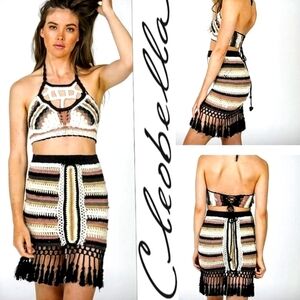 RARE*CLEOBELLA Festival Crochet Pom Fringe Bohemian Mini Skirt $189/LIKE NEW